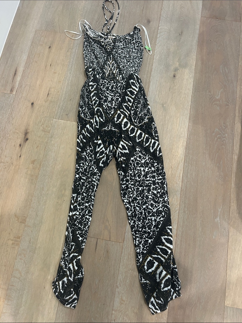Free People Black and White Patterned Smocked Jumpsuit